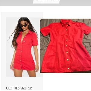 Red button front short sleeve denim dress